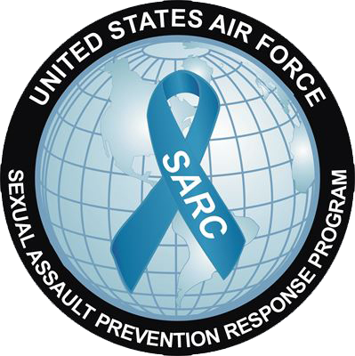 Logo of for the Air Force SAPR Program. A blue ribbon with the words SARC in front of a blue globe. The words United State Air Force and Sexual Assault Prevention Response Program written on a black border surrounding the circle. 