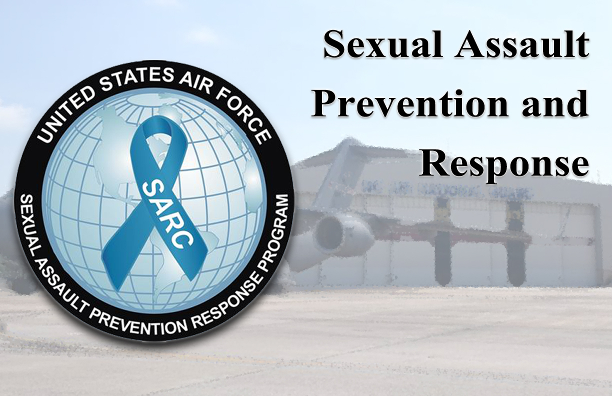 a custom photo of the Sexual Assault Prevention Response Program logo with a blurry image of the North Carolina Air National Guard flightline behind it. 