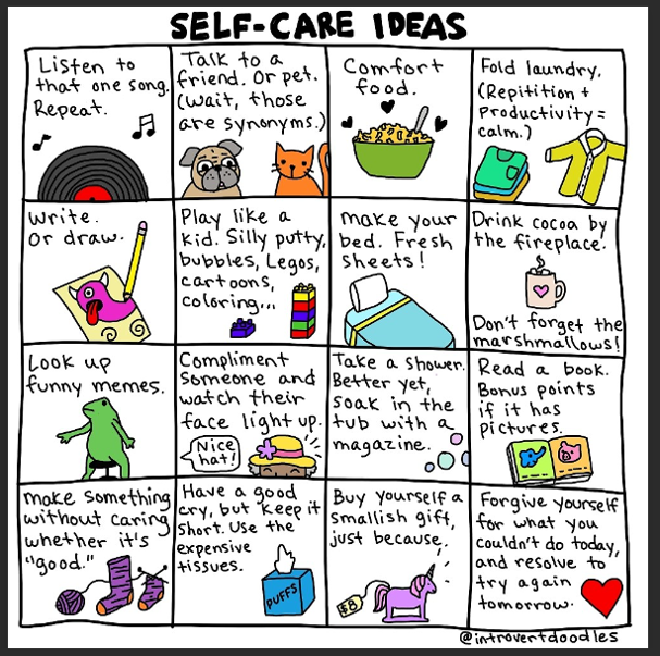 Self care Ideas Cartoon: Listen to that one song repeat, talk to a friend or pet, comfort food, fold laundry (repetition + productivity = calm), write or draw, play like a kid. Silly putty, bubbles, legos, cartoons, colors, make your bed. Fresh Sheets!, drink cocoa by the fireplace and don't forget the marshmallows, look up funny memes, compliment someone and watch their face light up, take a shower better yet, soak in the tub with a magazine, read a book bonus points if it has pictures, make something without caring whether it's good, have a good cry but keep it short. use the expensive tissues, buy yourself a smallish gift just because, forgive yourself for what you couldn't do today, and resolve to try again tomorrow.  