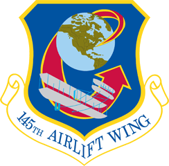 Logo of the 145th Airlift Wing. A globe being circled by a wright brothers flyer on a blue field. The crest is outlined in gold and the words 145th Airlift Wing are written below. 
